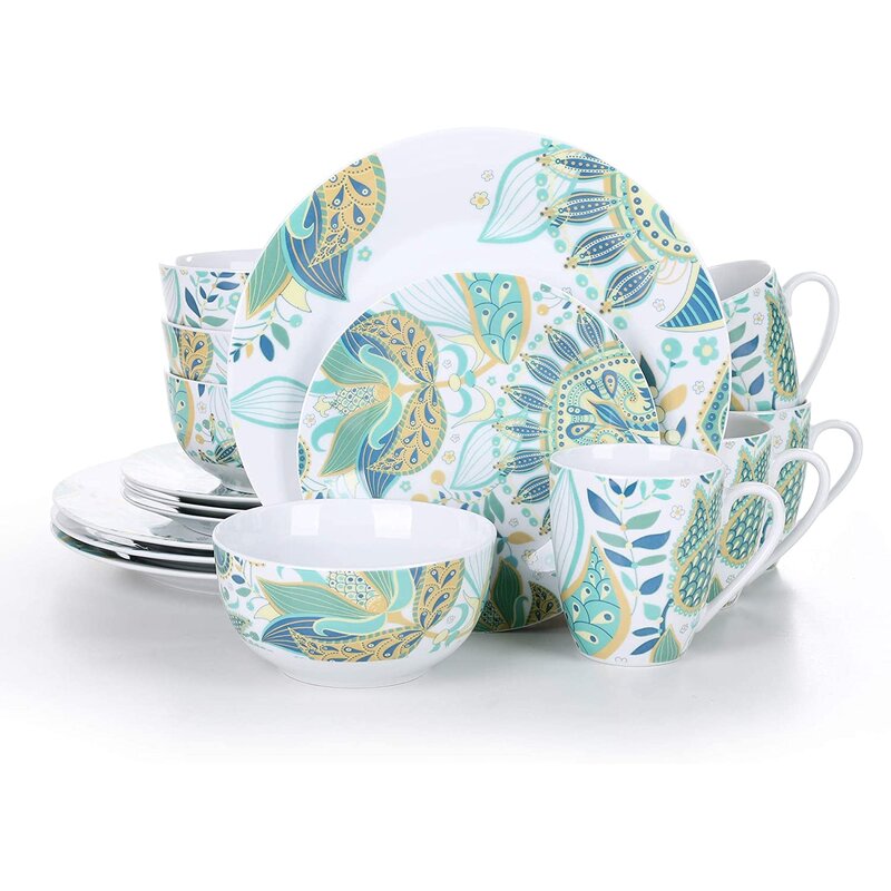 Green yellow flowering decal sets luxury China bone dinner plate dish-washer dinner set porcelain serving plate