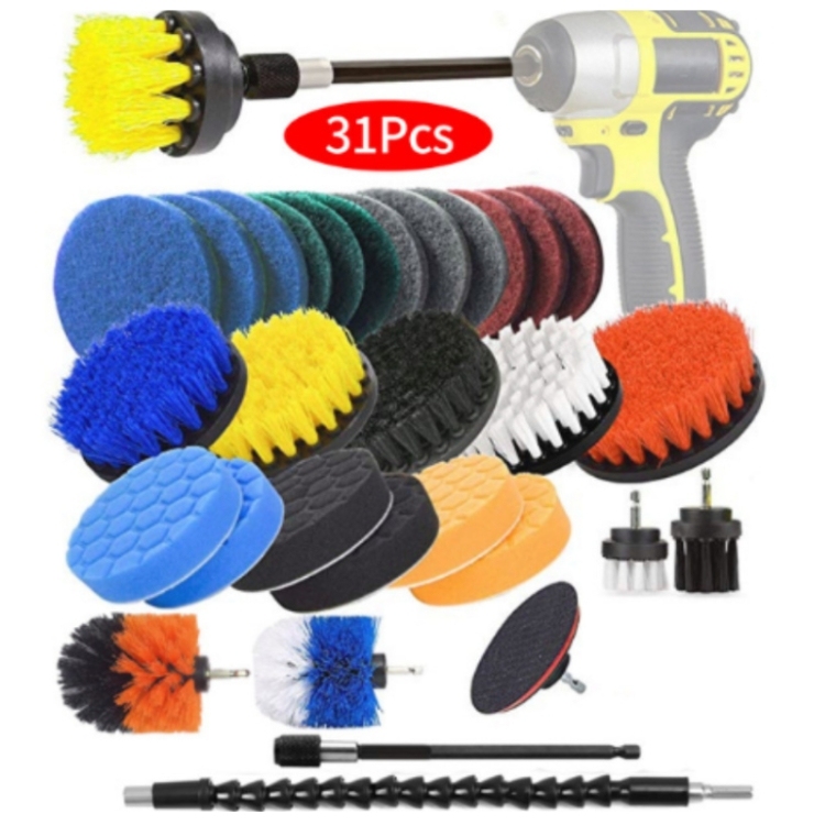 31pcs Power Scrubber Cleaning Brush Extended Long Attachment Set All Purpose Drill Car Kitchen Bathroom Wall Cleaning Kit