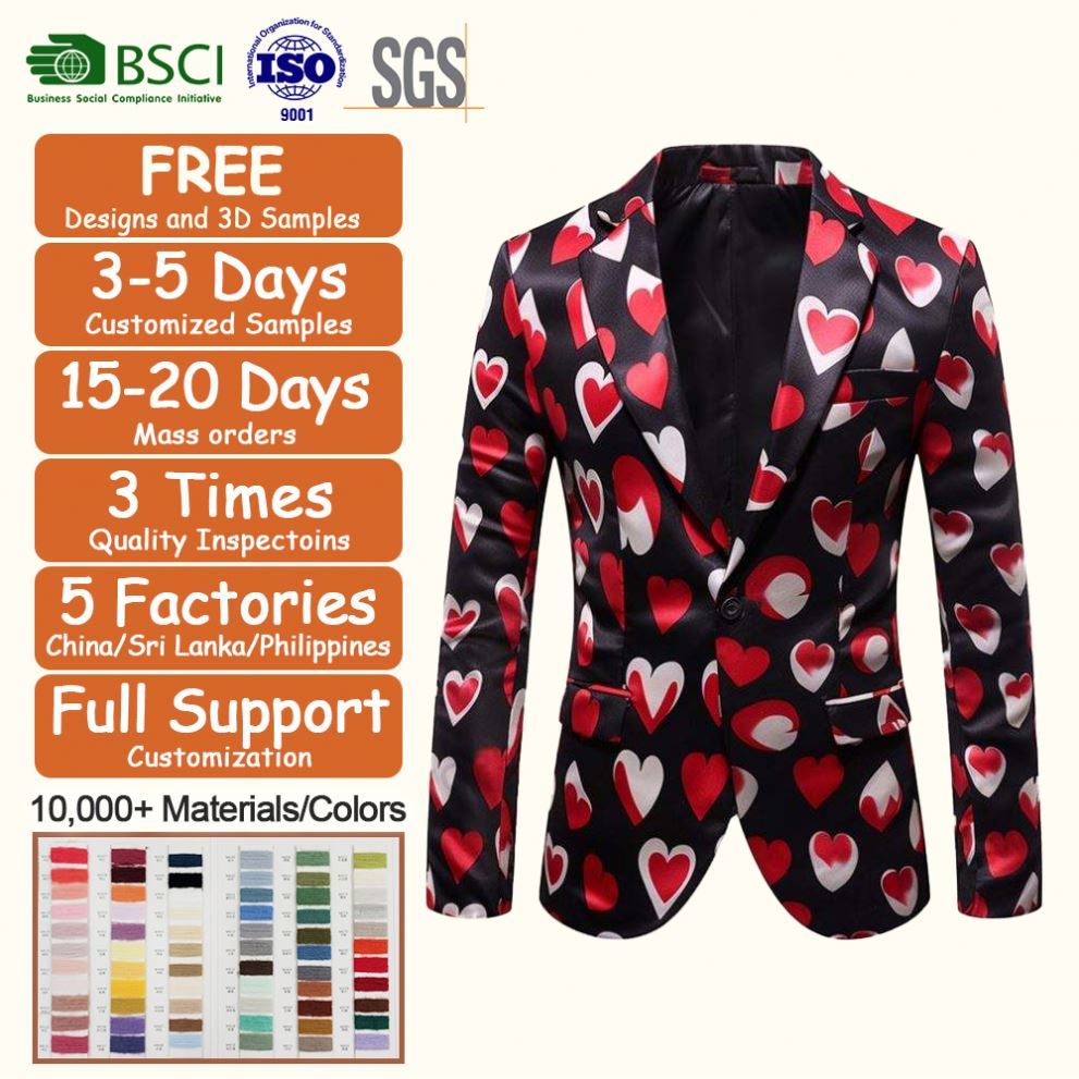 Casual Fashion Love Heart Print Slim Fit Blazers For Men Suit Velvet Mens Party Wear Blazers