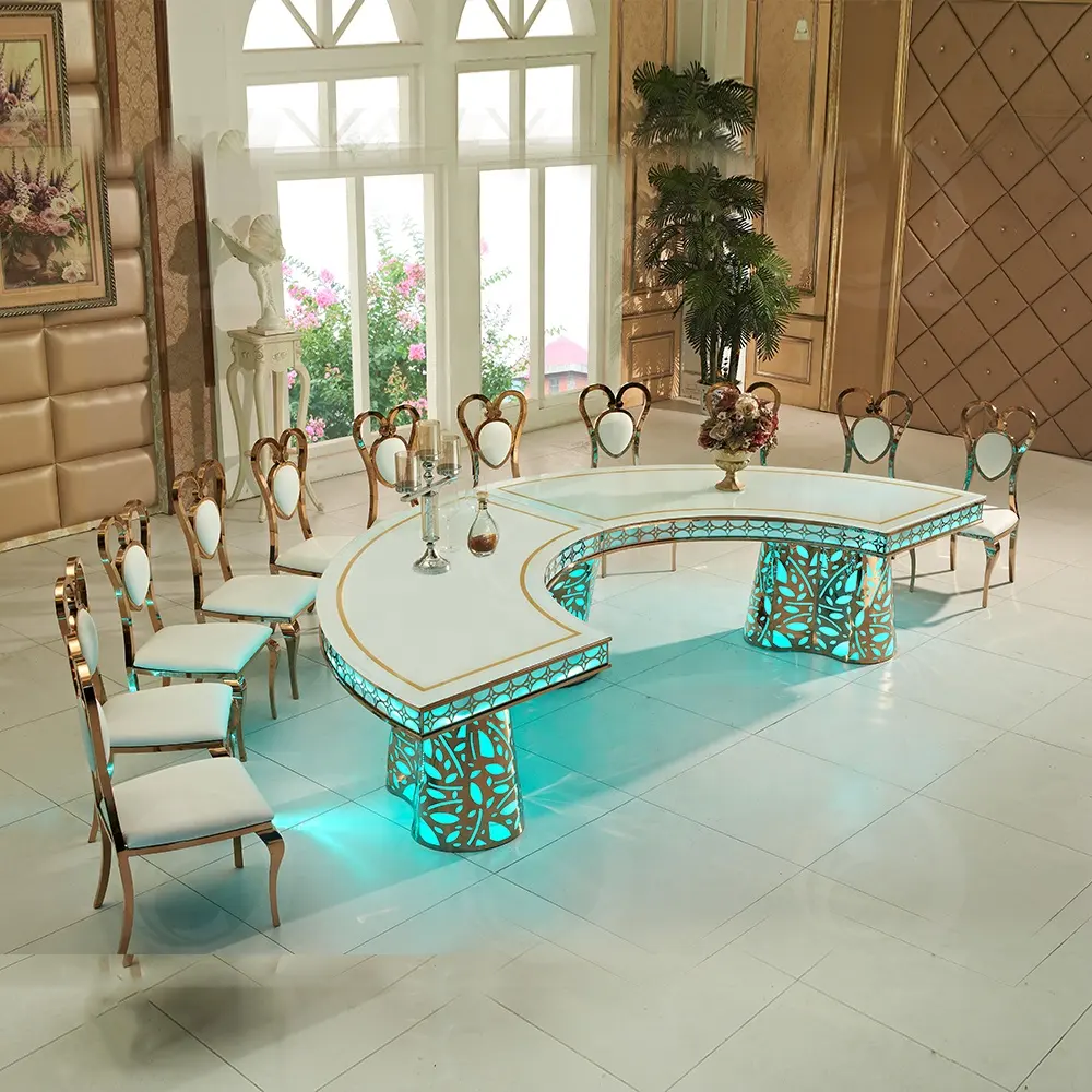Wedding furniture reception tables and chairs with led lights european events wedding golden stainless steel party tables set