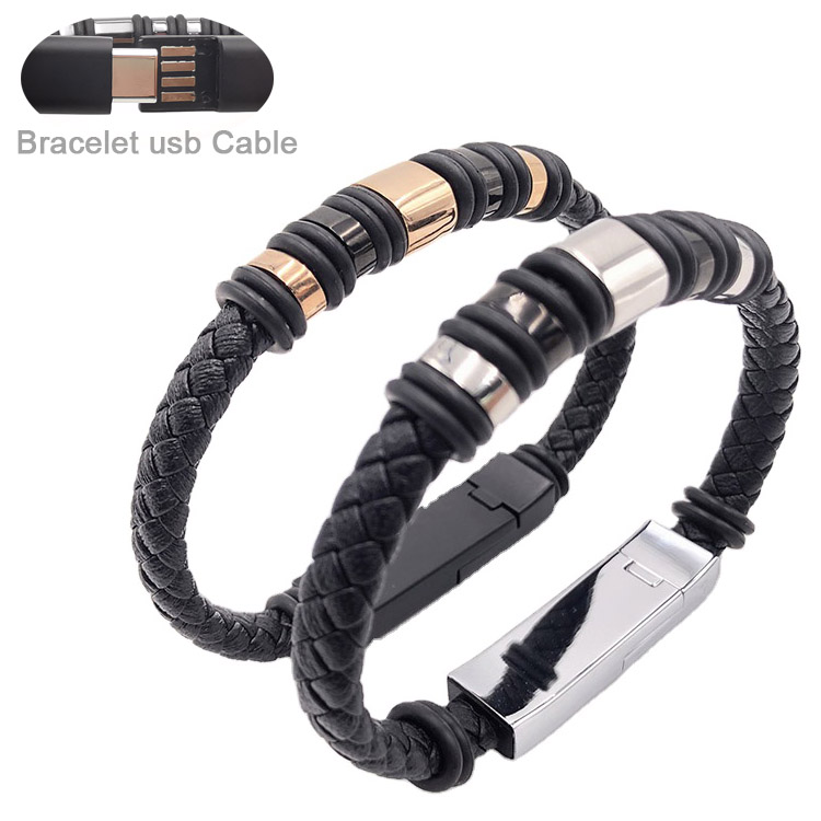 USB-кабель для зарядки и передачи данных с логотипом под заказ, портативный браслет для мобильного телефона из натуральной кожи