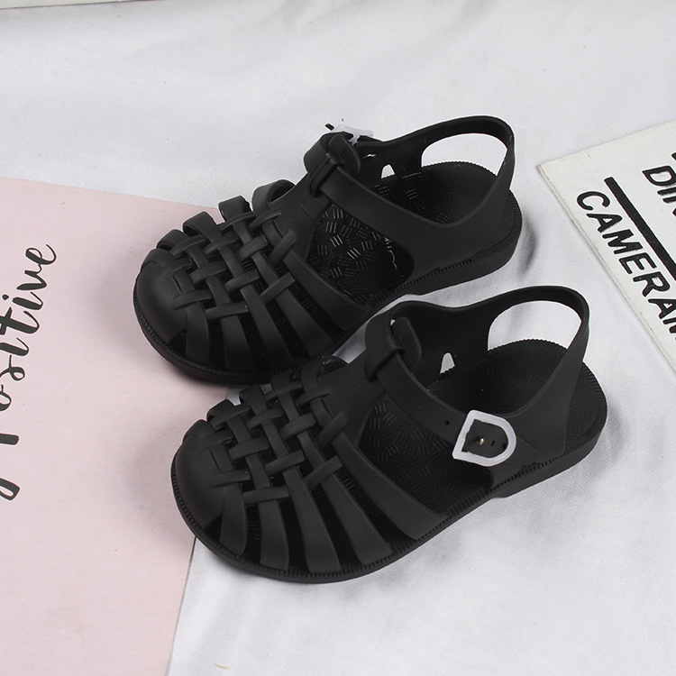 TX 2021 new arrival black PVC solid color net cross ankle buckle strap casual children shoes infant kids baby sandals for girls