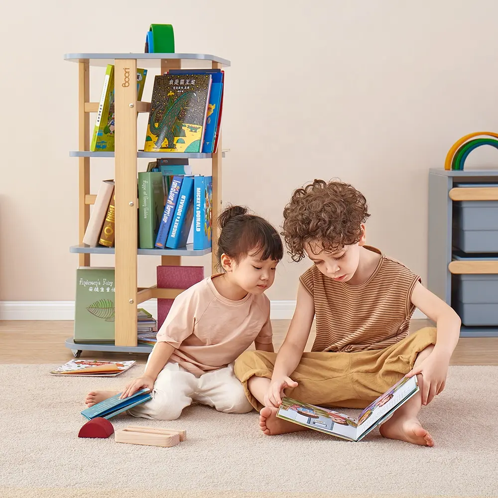 Boori Nordic Pink 4 Layer Book Cases Kids Furniture Rotating Bookshelf Wood For Girls