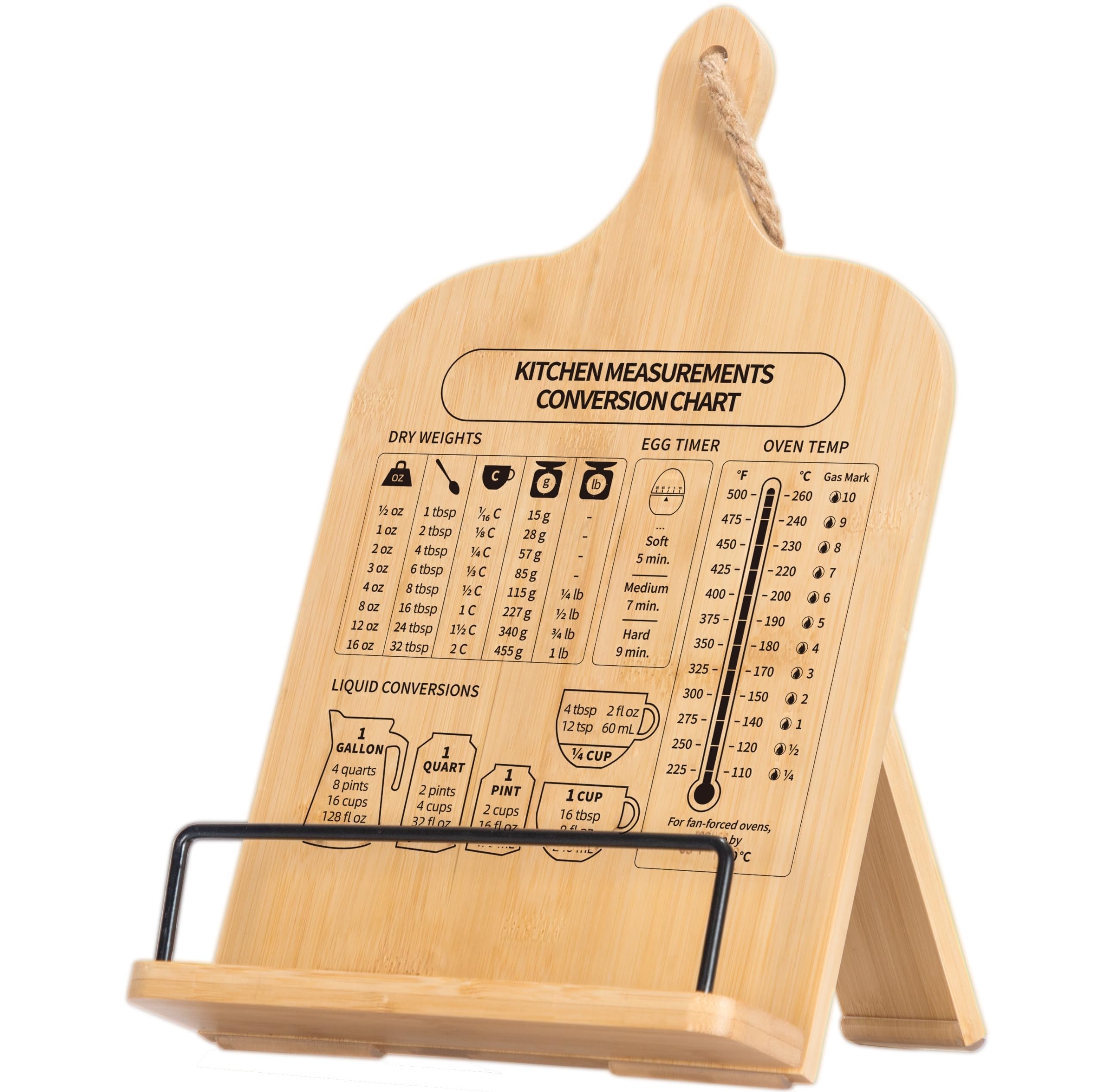 Bamboo Cookbook Stand Sturdy Cook Book Holder Recipe Book Holder with Measurement Conversion Chart Cookbook Stand for Kitchen