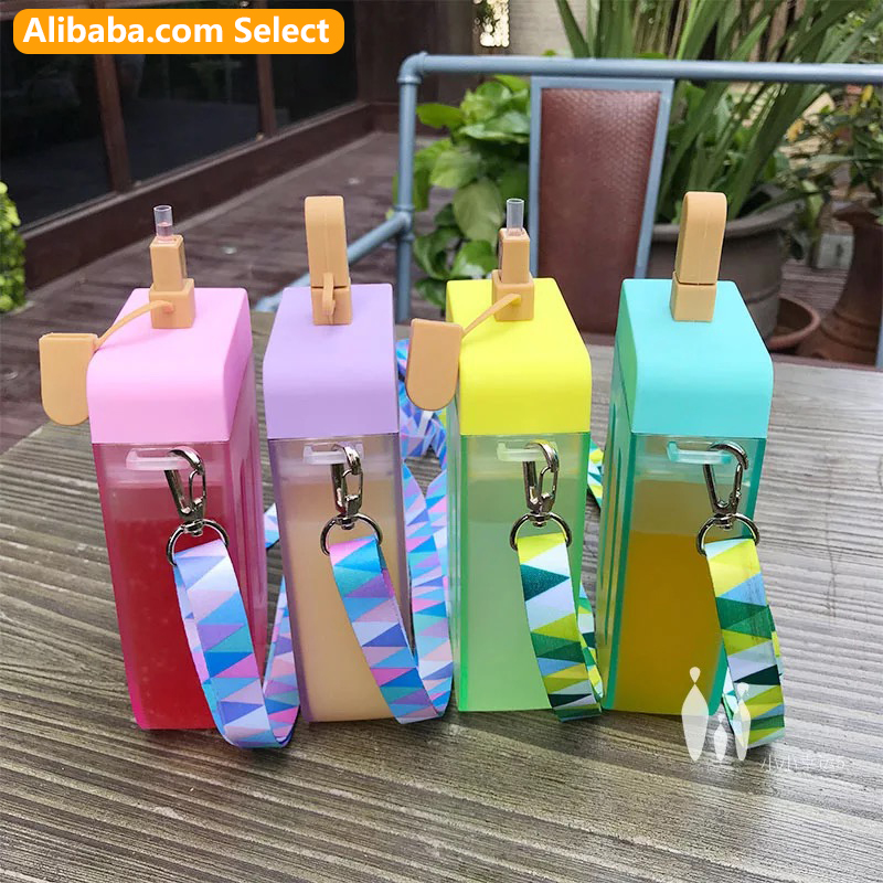 300ml 2021 New Summer Creative Cute Strap Popsicle shape Ice Cream Plastic Water Bottle For Kids Student Portable Straw Cup
