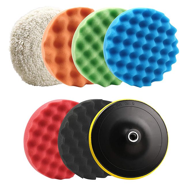7 inch Buffing Polishing Pad - 5pcs Waffle Foam, 1pc Wool Polishing Pad and a M14 Threaded Polisher Grip Backing Plate