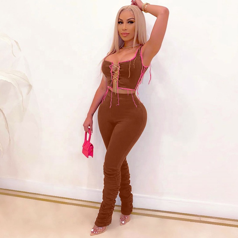 2021 Women Clothes Sexy Ribbed Lace Up Sleeveless Tank Top And Stacked Pants Club Two Piece Outfits Set