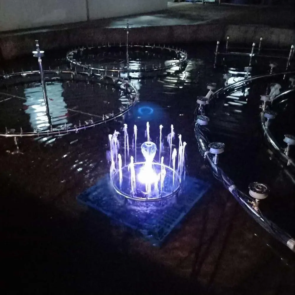 Small outdoor music dancing water fountain with beatiful and shining water shape