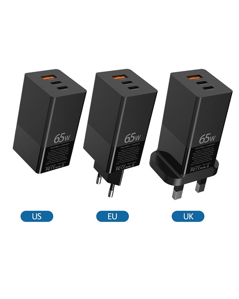 Ce Rohs FCC фирмы mlight Горячая Pd Qc3.0 3 порта зарядного устройства Usb C Быстрая зарядка Usb зарядное устройство стандарта ЕС, США, Великобритании Pin Pd Ган адаптер 65 Вт Ган зарядное устройство