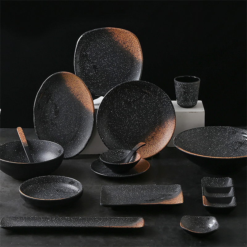 Wholesale Melamine Dinner Set Elegant Black Matte Dish Irregular round square plate bowl Unbreakable dinnerware