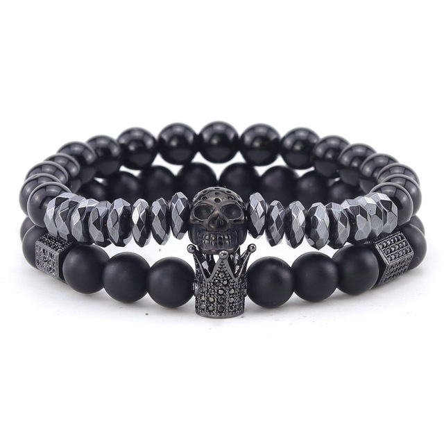 Punk Elastic 2Pcs/Set 8mm Matte Black Stone Micro Pave Black CZ Crown Skull Bracelet Set