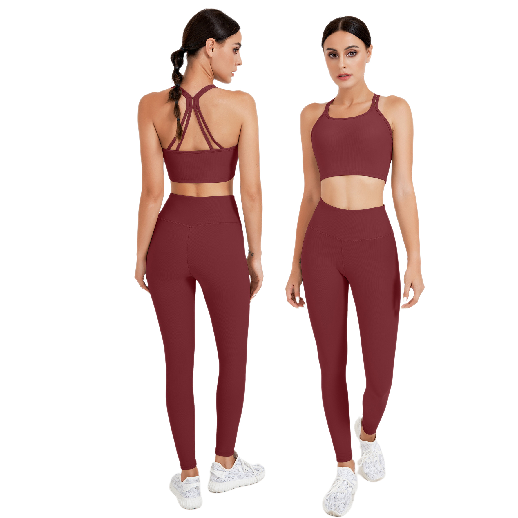Women High Elastic Compression Ribbed Fitness Leggings Bra Sports Set