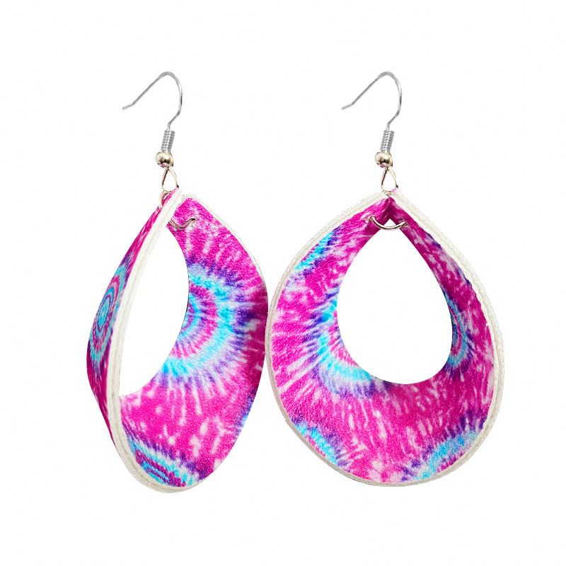 Spring Summer Tie-Dye Drop Earrings Three-Dimensional Leather Printing Earrings Popular Plaid Geometry Printing Hoop Earrings