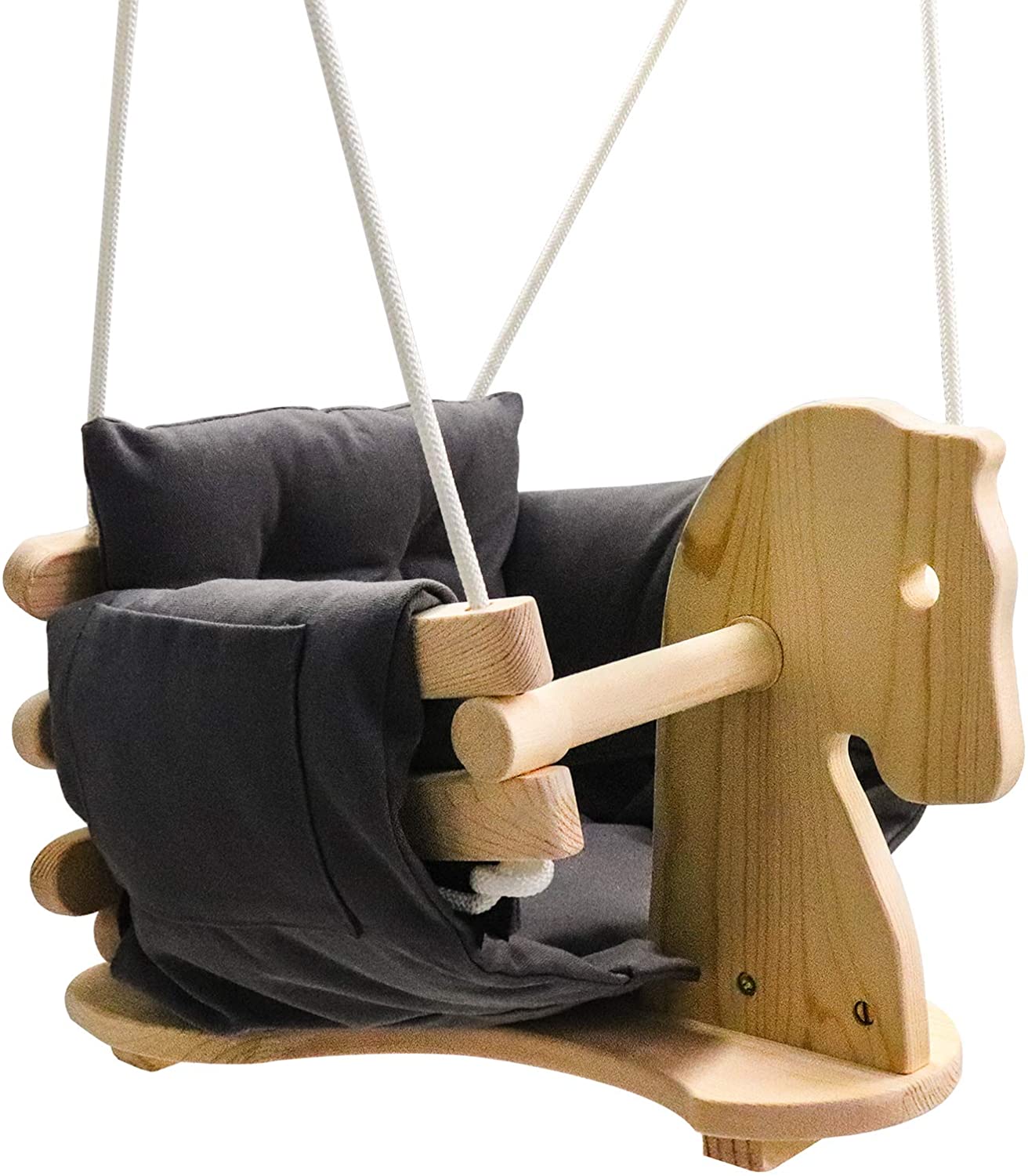 Baby Wooden Horse Swing Toddler Secure Swing Indoor & Outdoor Infant Hanging Swing Chair with Canvas Cushion (Grey )