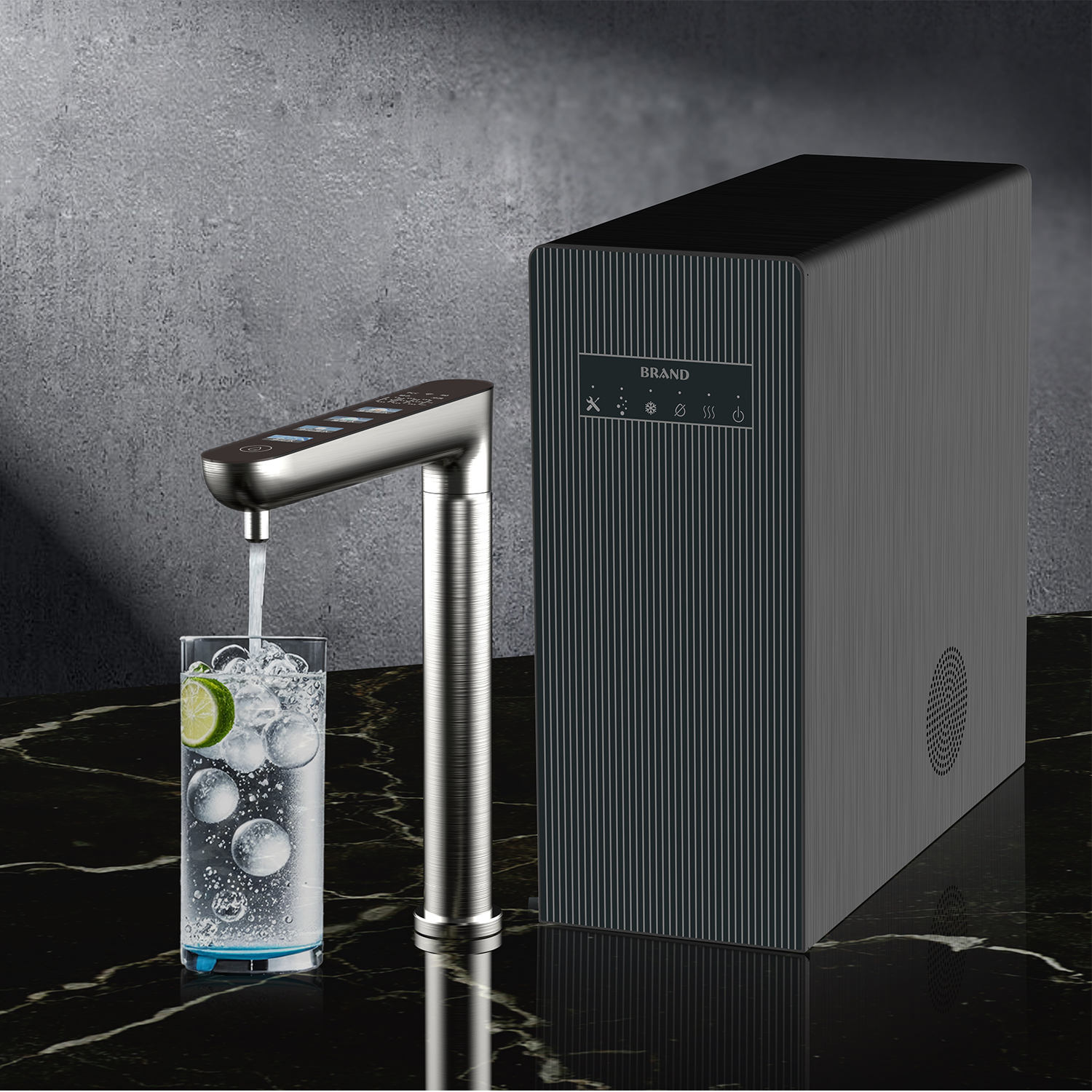 Negotiable undersink CO2 soda water maker with compressor, sparkling water, chilled water and hot water solution