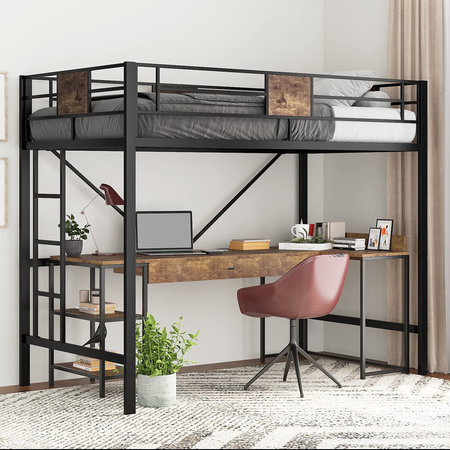 Bunk Beds Metal Double Bed Frame with Full-Length Guardrail for Stairs  Integrated Escalator Design  Saving Space Bunk Bed