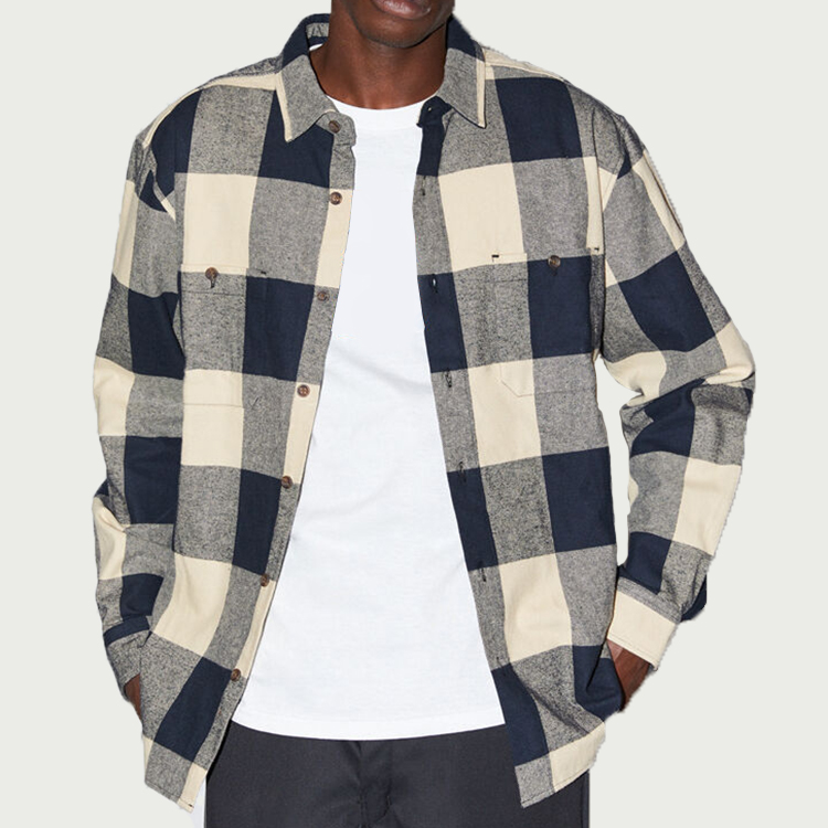 Wholesale men ordinary street style cotton flannel fabric plaid long-sleeve plus size shirts