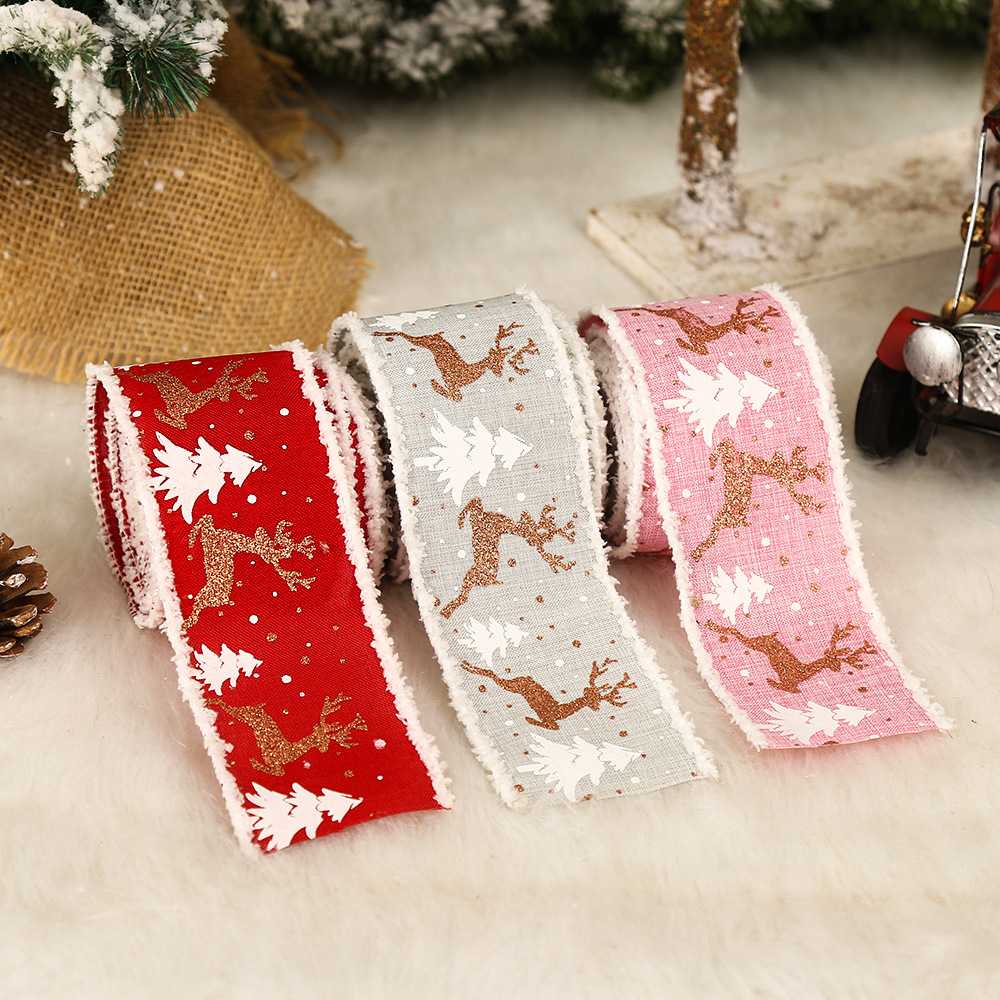 Wholesale Custom Reindeer Christmas Tree Pattern Christmas Ribbon 6.5cm Linen Packaging Gift Ribbons With Tassel Xmas Decor