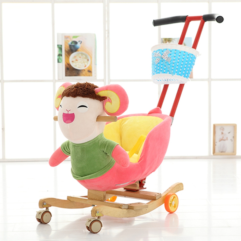 Multi-function Wooden&plush animal Rocking Horse Trojan toy Rocking Chair baby carriage Child trolley