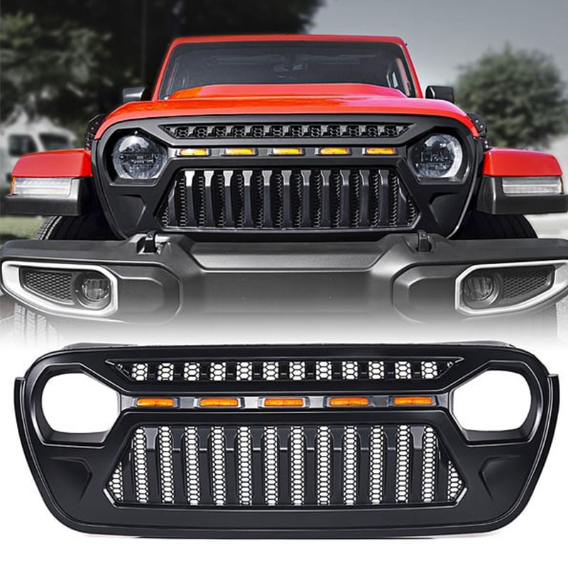 Front Grill Cover Matte Black with Amber LED Running Lights for 2018 and Up Jeep Wrangler JL JLU JT Gladiator Accessories