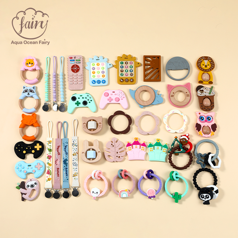 Custom Food Elephant Wood Teether Animal Teething Ring Toys Silicone Teethers For Babies Teeth