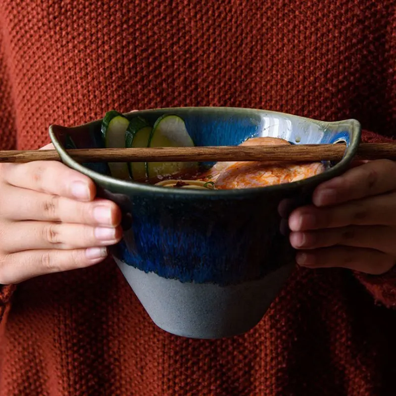 Japanese Blue Ramen Salad Noodles Retro Soup Deep Glazed Ceramic Bowl