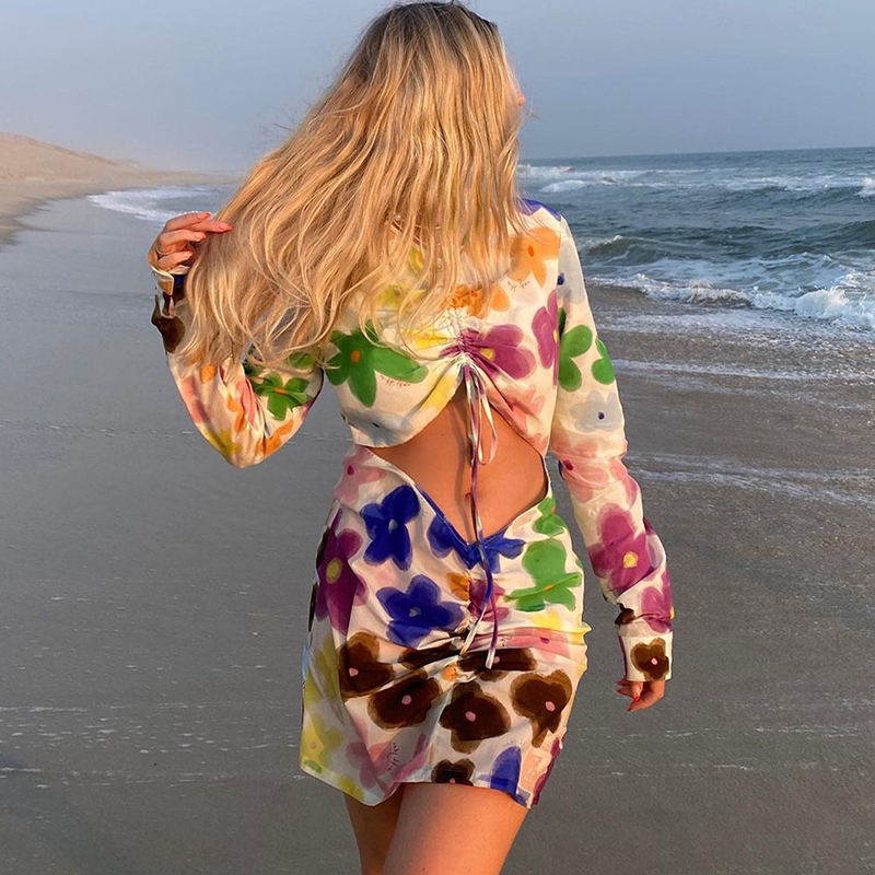 Bomblook Q21DS480 2021 New Floral Print Sexy Hollow Vacation Wear Long Sleeve Drawstring Bodycon Mini Dresses Women