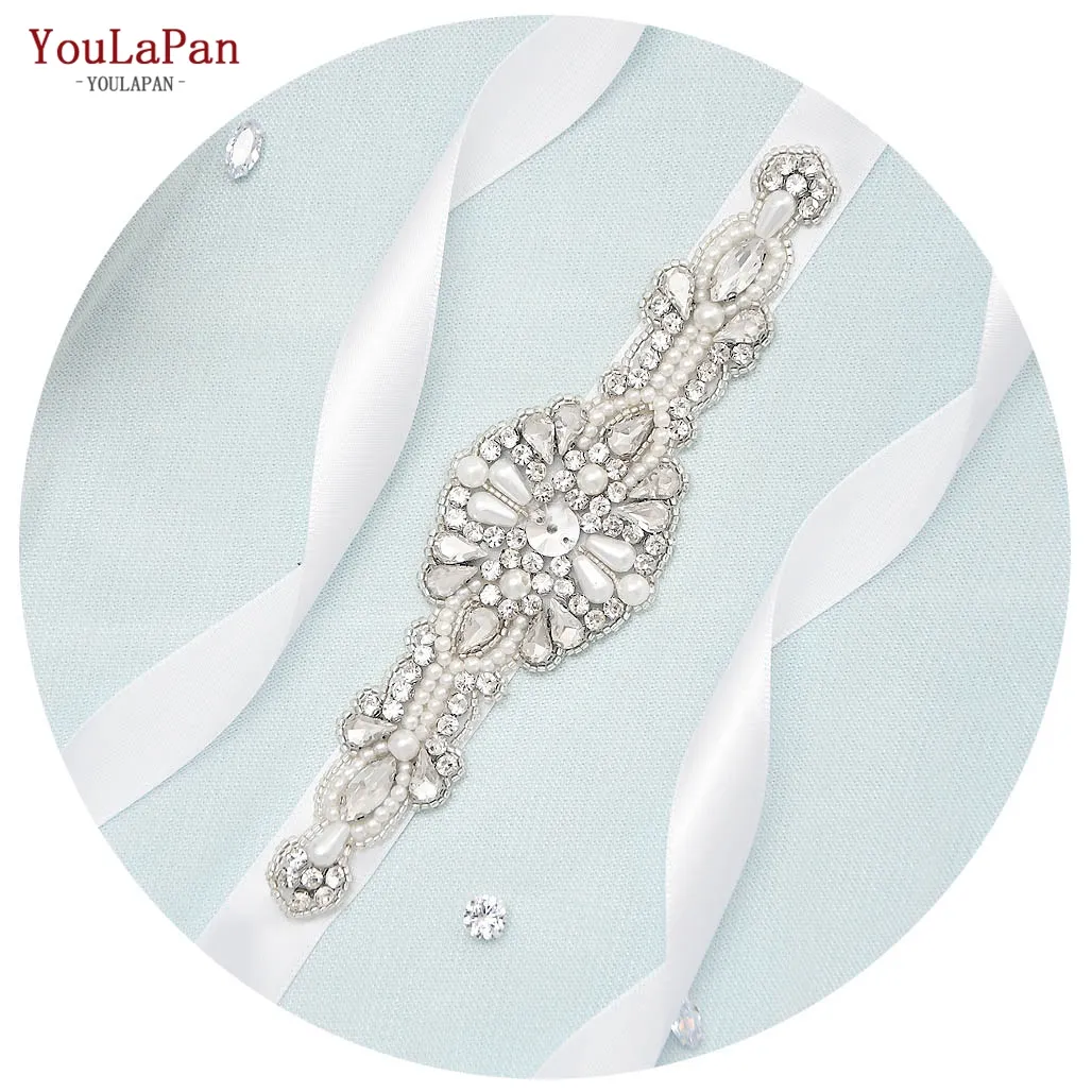 YouLaPan S29 Pearl Rhinestone Bridal Belt, Small Applique Decoration Thin Bridal Belt for Wedding Dress