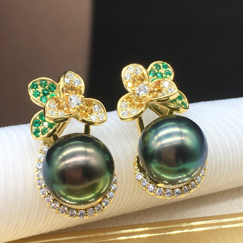 925 silver inlaid natural seawater malachite green Tahitian pearl earrings, delicate skin, fashionable gift for girls