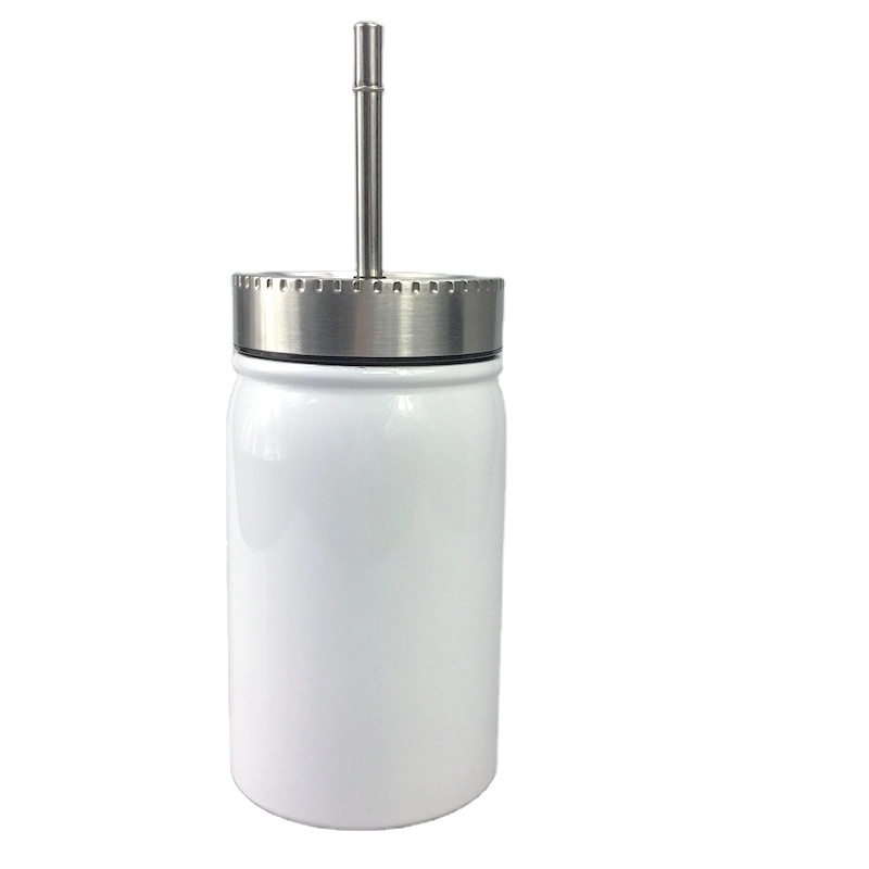 Custom 500ml 16oz Mason Coffee Mugs White Blank Sublimation Stainless Steel Jar With Lid And Straw
