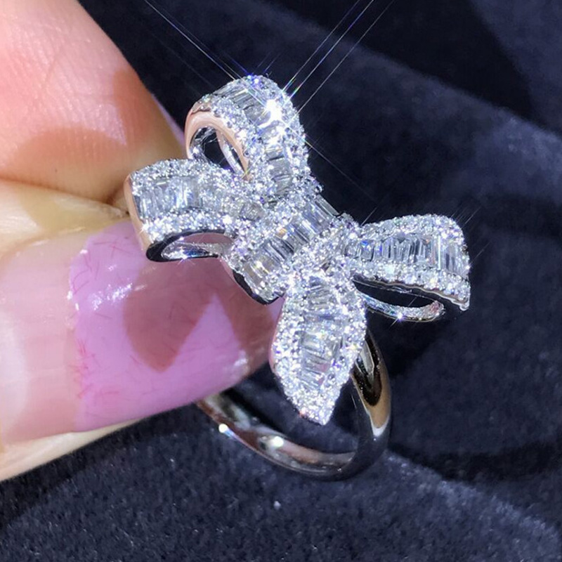 Luxury Women Jewelry Iced Out Square Cubic Zirconia Bow Knot Wedding Ring Bling Cz Diamond Bow Knot Finger Rings
