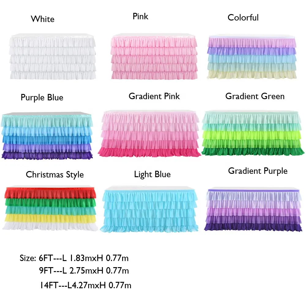 6FT 9FT 14 FT Gradient Color Polyester Rainbow Fiver-layer Table Skirt Cover Decoration Supplies