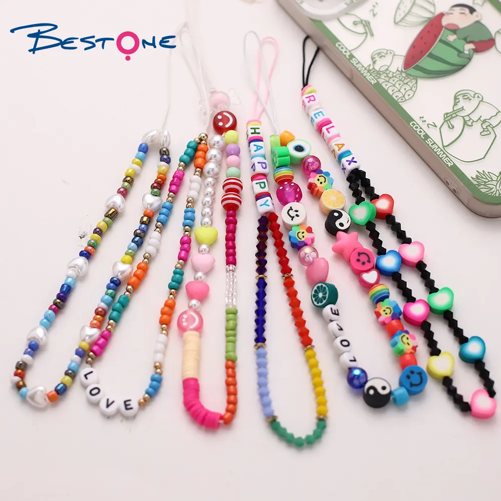BESTONE Wholesale Colorful Smiley Face Fruit Pearl Polymer Clay Beaded Phone Chain Phone Lanyard Phone Bracelet