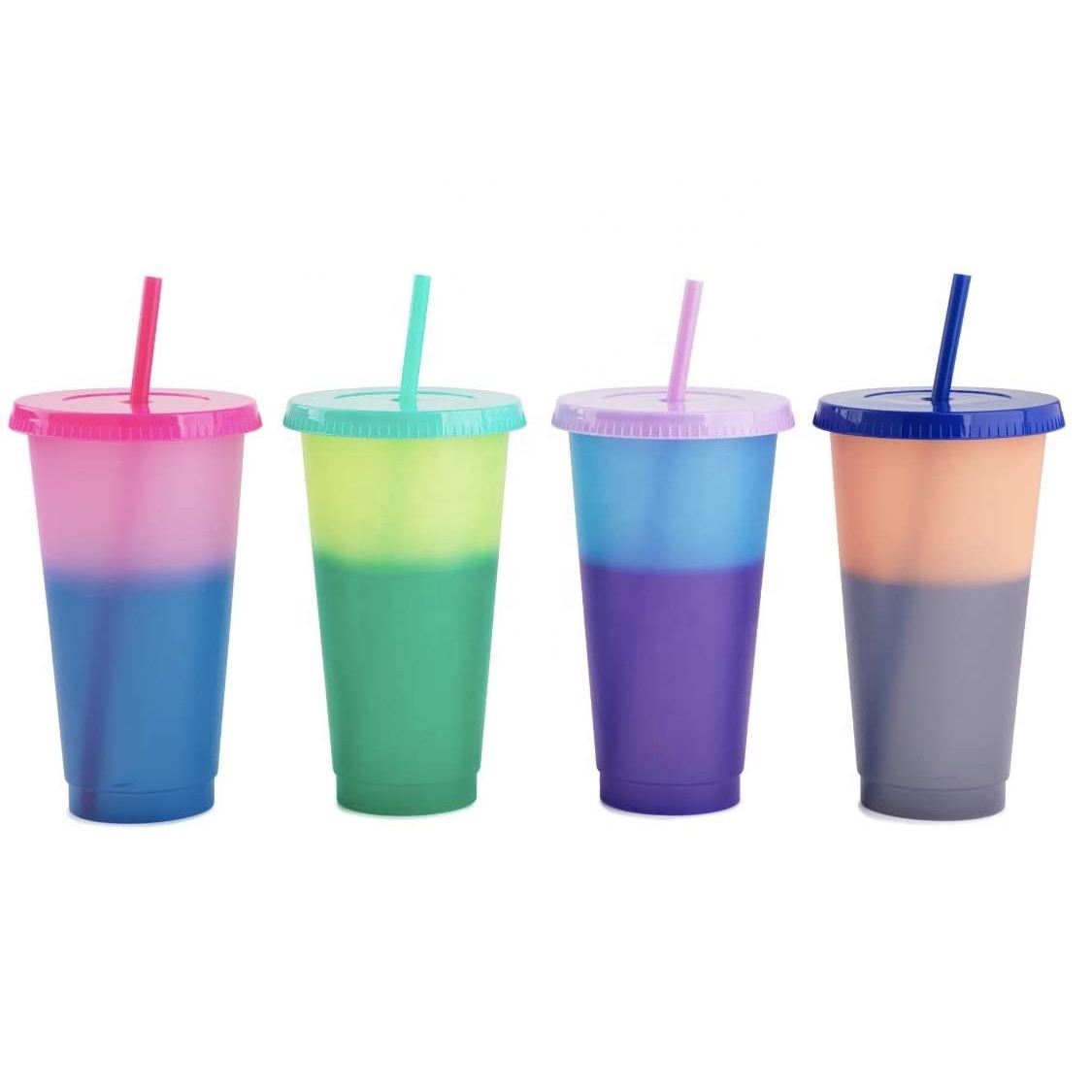 Hot sale Custom Temperature Liquid Magic Color Changing Coffee Water Mug with Straw 710 ml Reusable Color Changing Plastic Cup