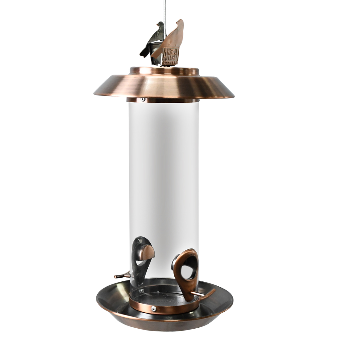 2021 Copper Plating Metal Lid and Tray Two Feeding Ports Plastic Tube Bird Feeder Outdoor Garden Hanging Decoration