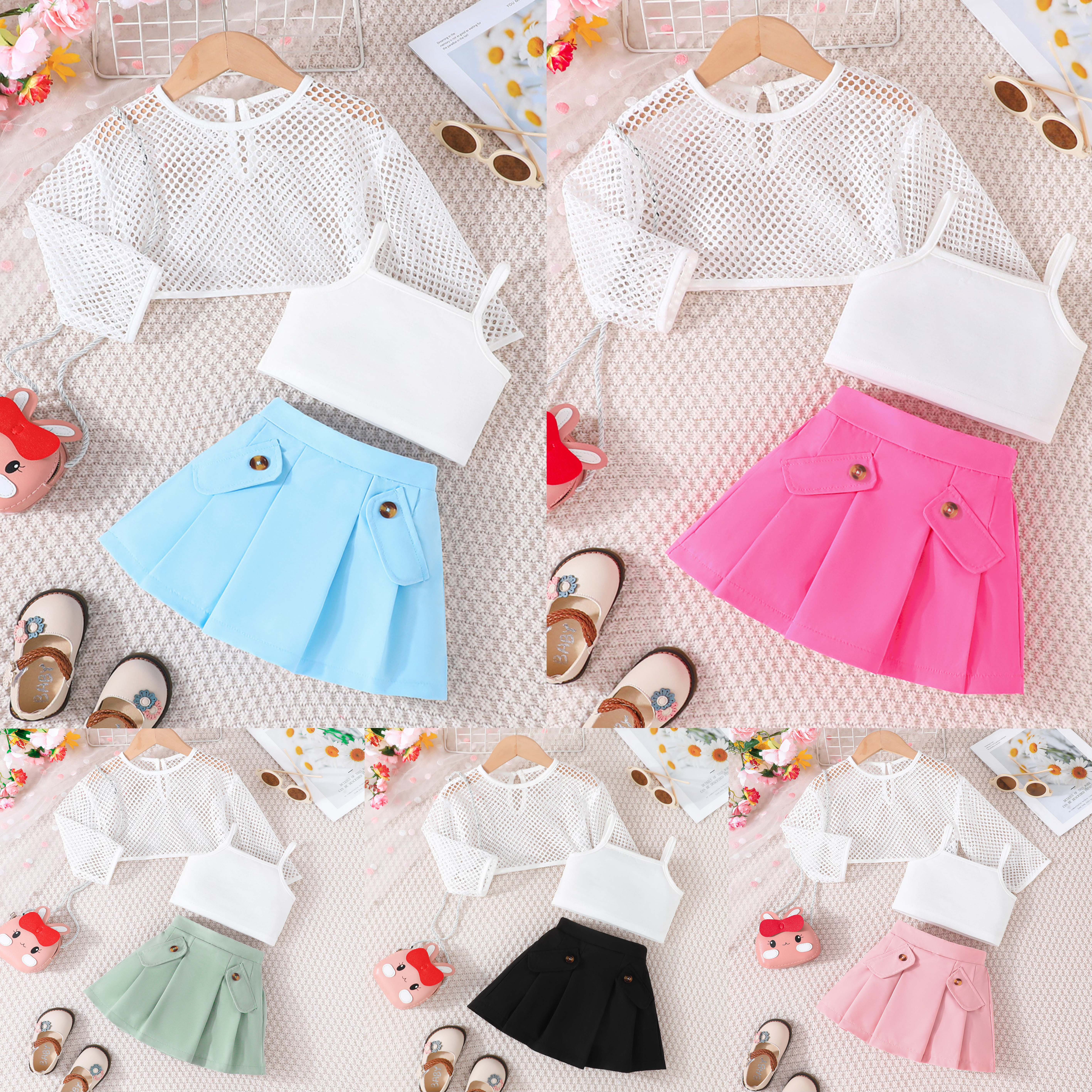 0-6T Girls Outfits Long Sleeve Hollow Out Top Vest Skirts 3Pcs Boutique Clothes For Girls Sold Dozen Children's Clothing 2024