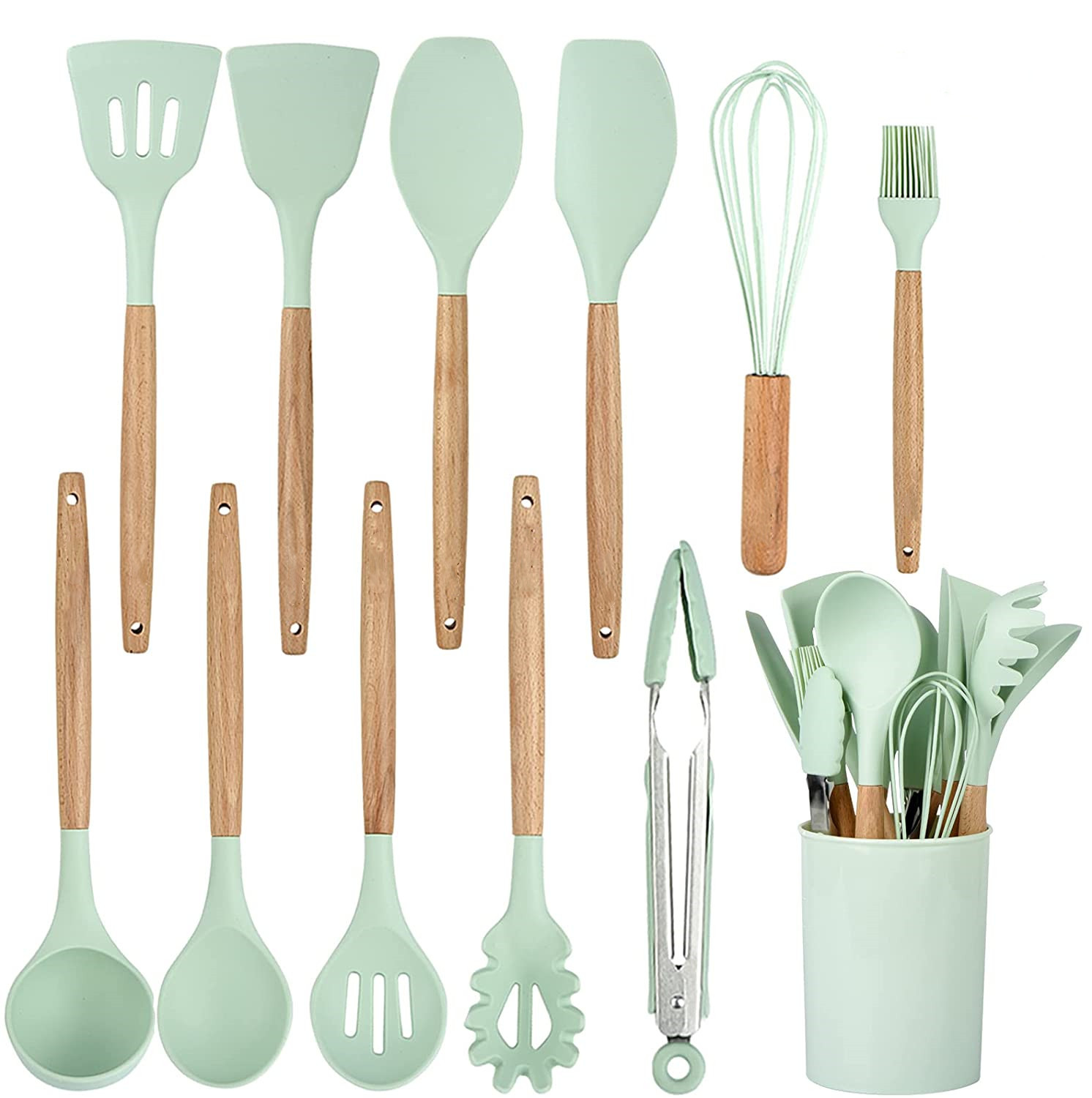 12 Pieces Silicone Kitchen Utensil set Cooking Utensil with Wooden Handles and holder