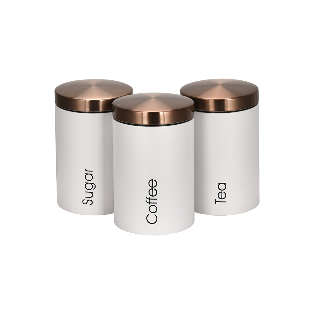 High quality white kitchen sealed tea coffee sugar canister set stainless steel food storage with rose golden lid