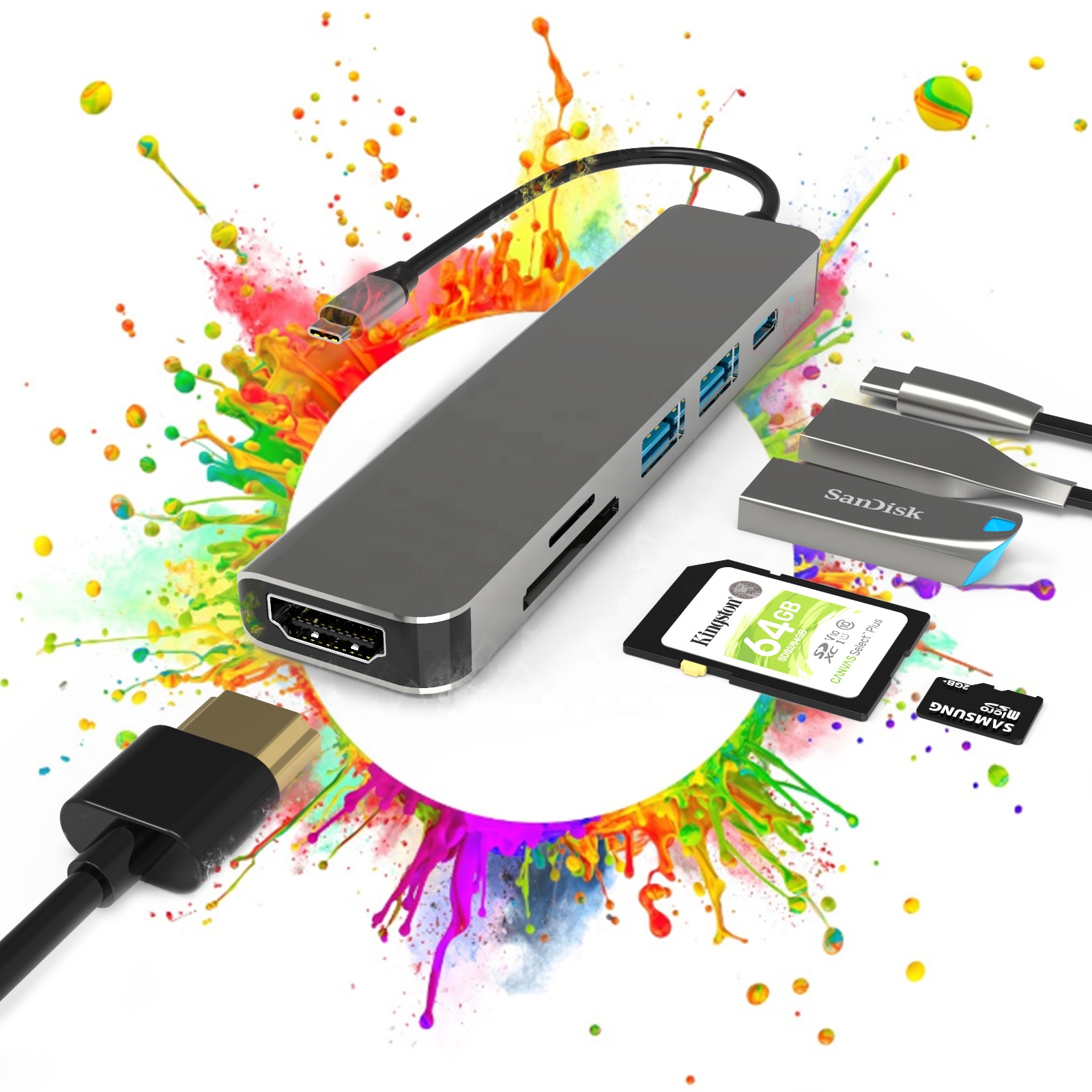 BASIX Новый 6в1 usb c концентратор ethernet PD60W SD/TF кардридер USB 3,0 Многофункциональный usb c концентратор адаптер ключ для macbook