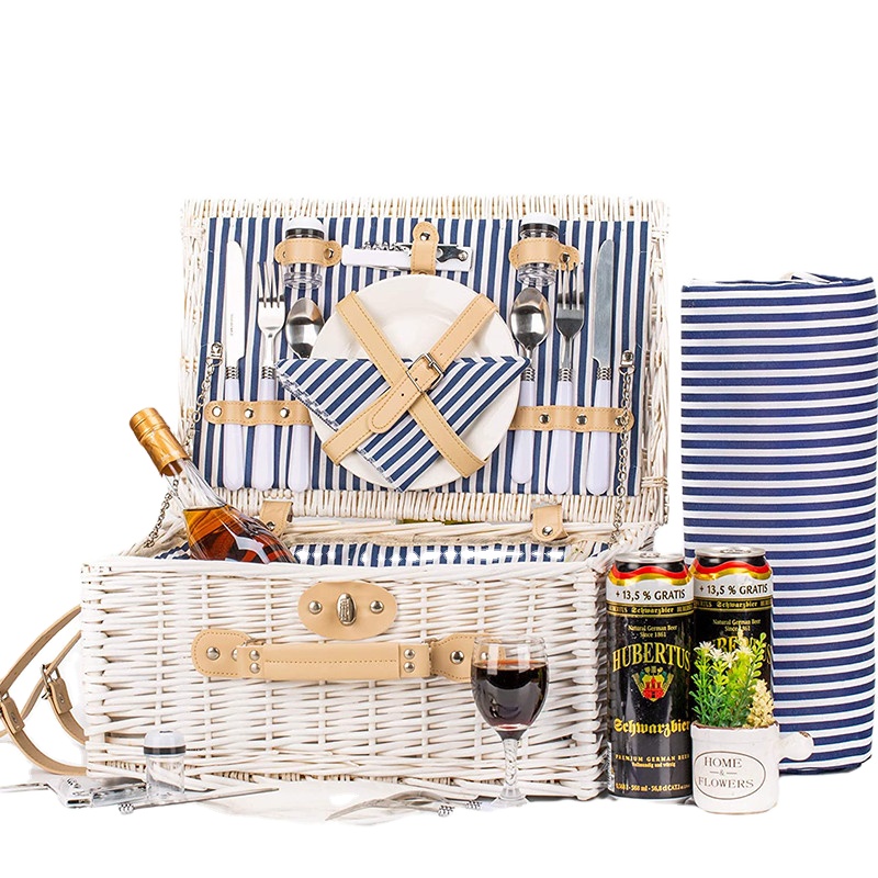 KW OEM Collapsible rattan Folding Wholesale willow Wicker Insulated Cooler Wicker Picnic hamper food Basket set for 4 with lid