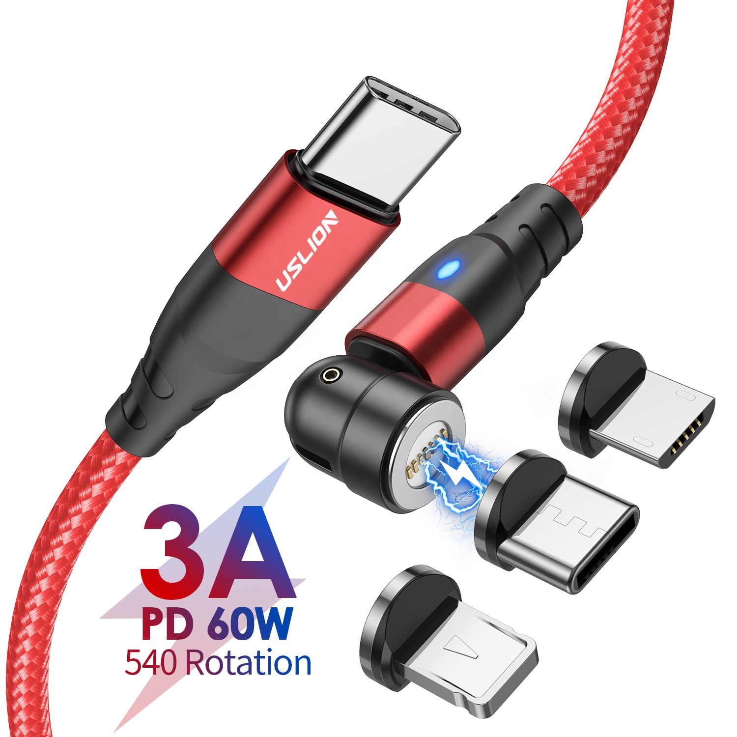 Магнитный кабель USLION PD60W 3 в 1 с USB C на Type C 540, зарядный кабель, магнитный кабель для зарядки, магнитные кабели для передачи данных для iPhone 14 для Macbook