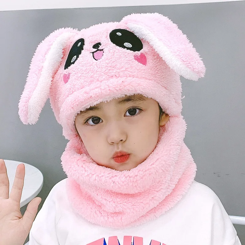 Wholesale custom cute kids plush bunny Bunny ears hats Skull hats Neck warm winter hats and scarves for kids