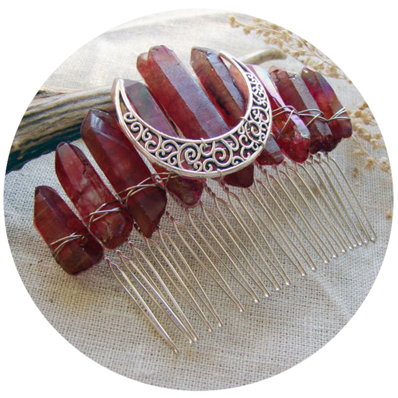 Hongyu Raw Titanium Quartz red Crystal Crescent Moon hair pin comb Crown Tiara Wedding veil witch gothic high priestess crimson