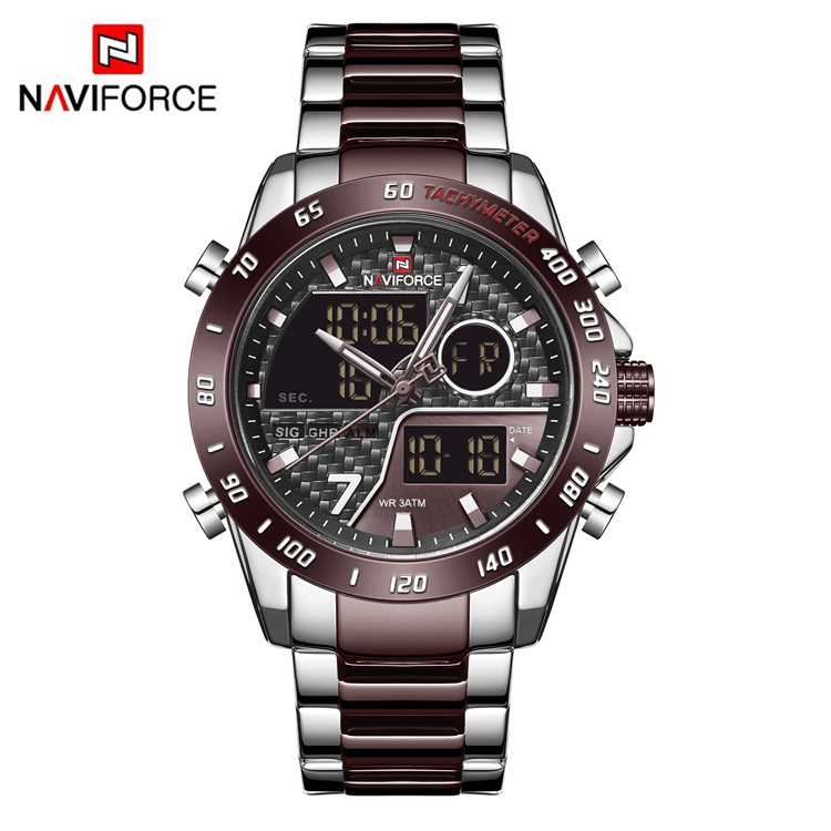 NAVIFORCE NF9171 мода прохладный черный дверные ручки из нержавеющей стали, наручные часы для мужчин с японским кварцевым механизмом цифровой двух часовых наручные часы