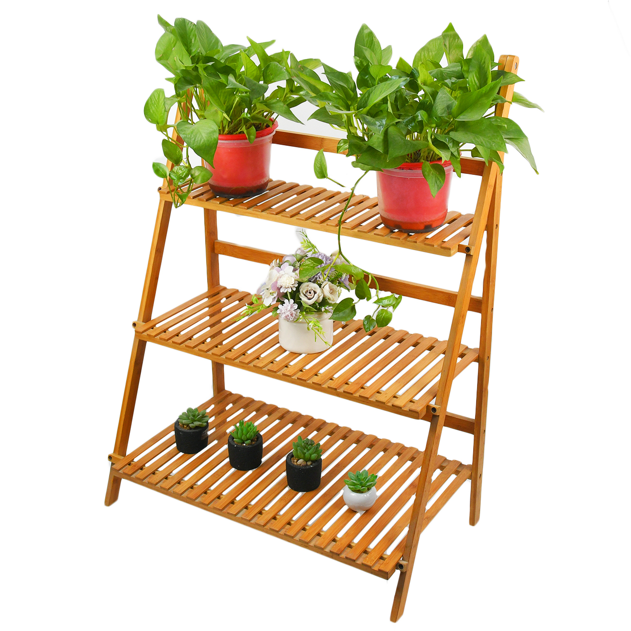 Multicouche folded natural bamboo pot flower rack