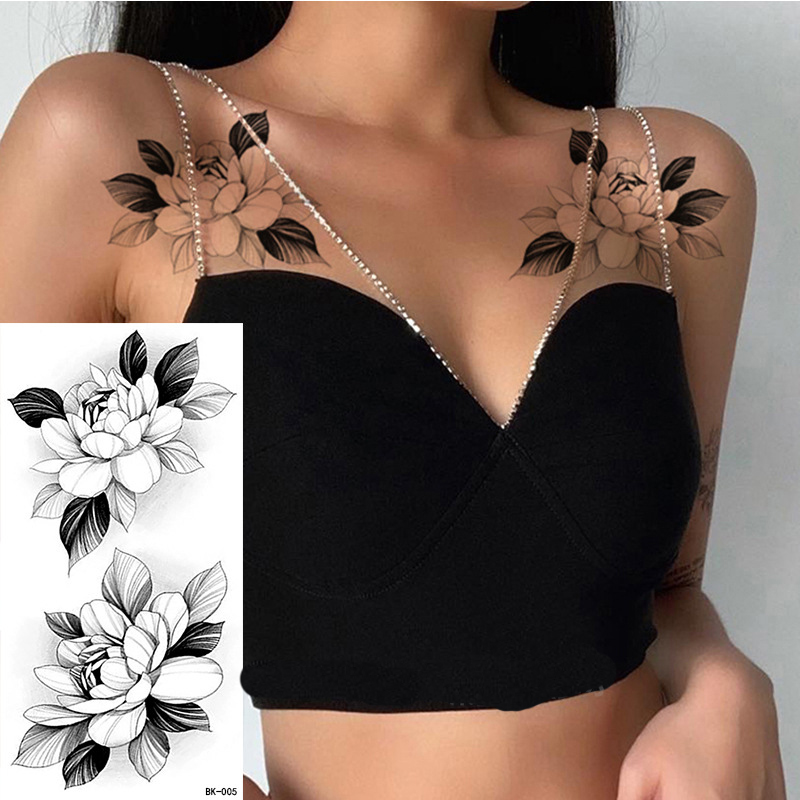 Rose Peony Flower Girls Temporary Tattoos For Women Waterproof Black Tattoo Stickers 3D Blossom Lady Shoulder DIY Tatoos