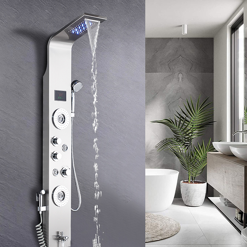Shower Panel bathroom wall mounted stainless steel Waterfall shower column set tower Massage Body Jets led Shower wall Panels