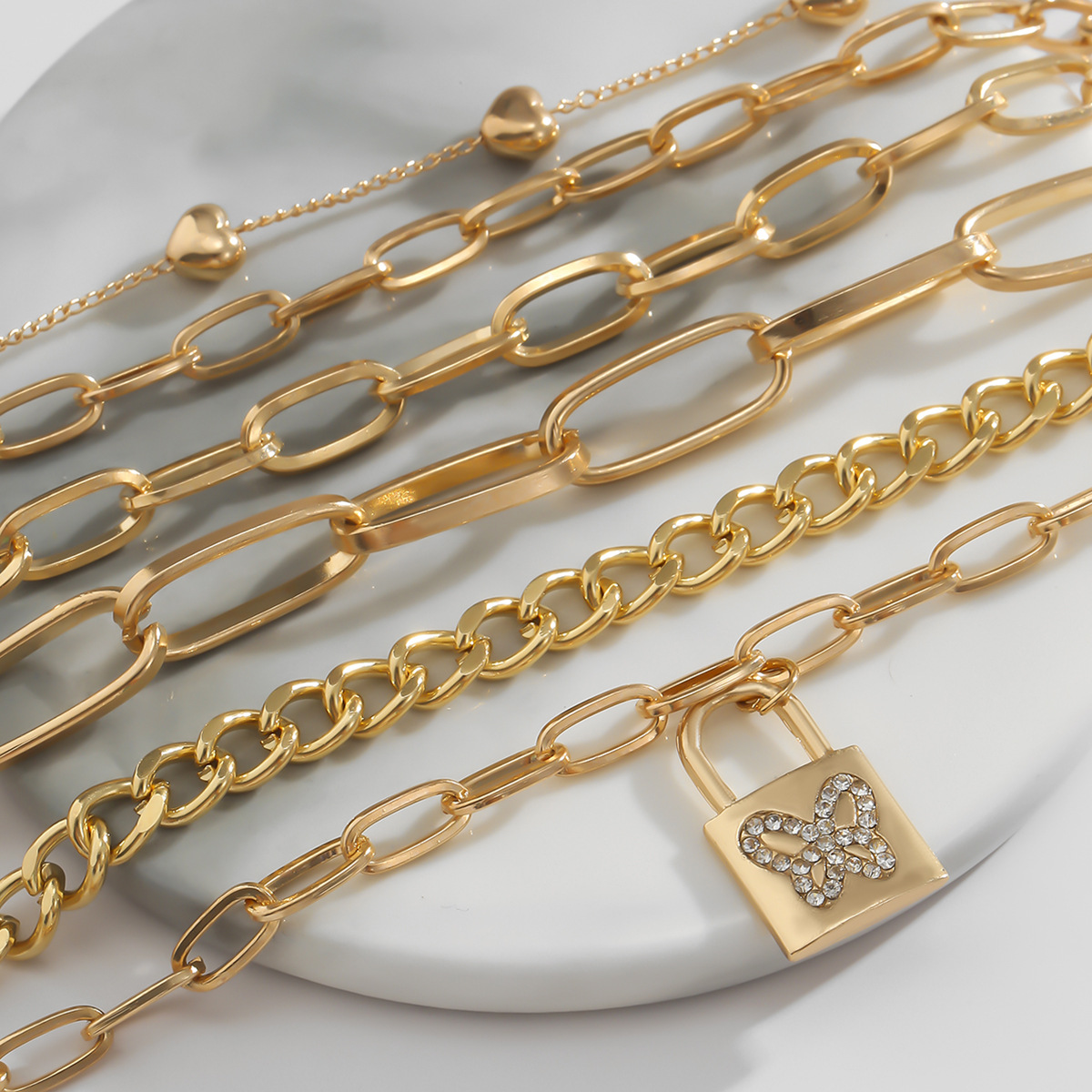 Golden Lucky Multilayer Handmade Peach Heart Cross Chain Inlaid With Diamond Butterfly Lock Bracelet Set Jewelry