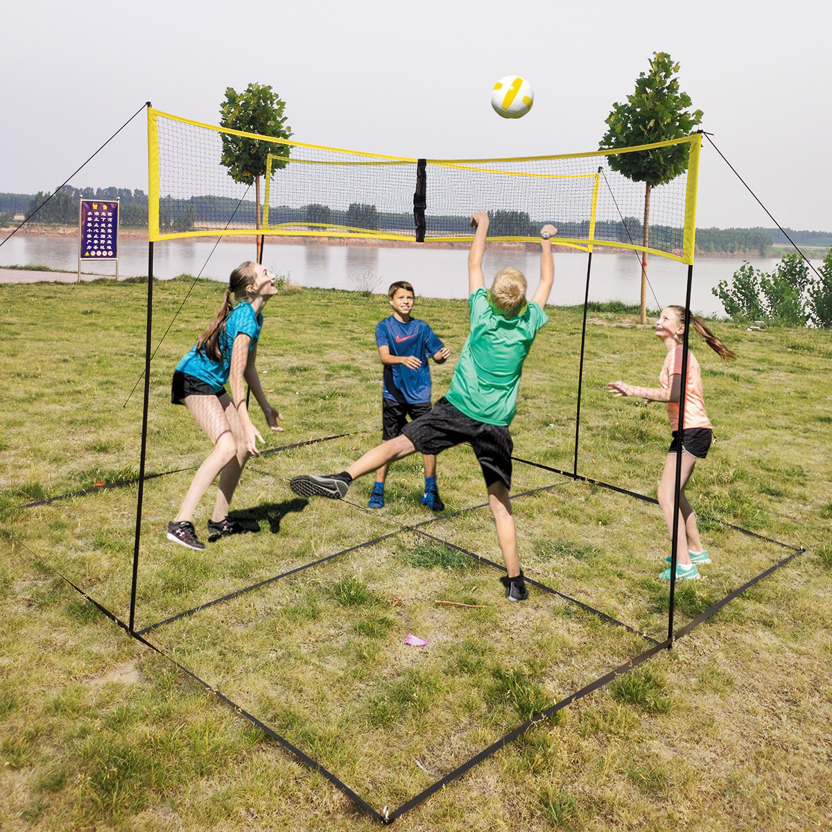 Portable four-sided cross beach volleyball net rack set