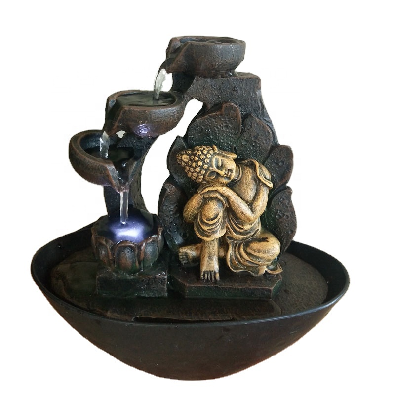 High Quality Indoor Buddha Sculptures Resin Fountain w. LED Light and Plastic Basin for Home Decor